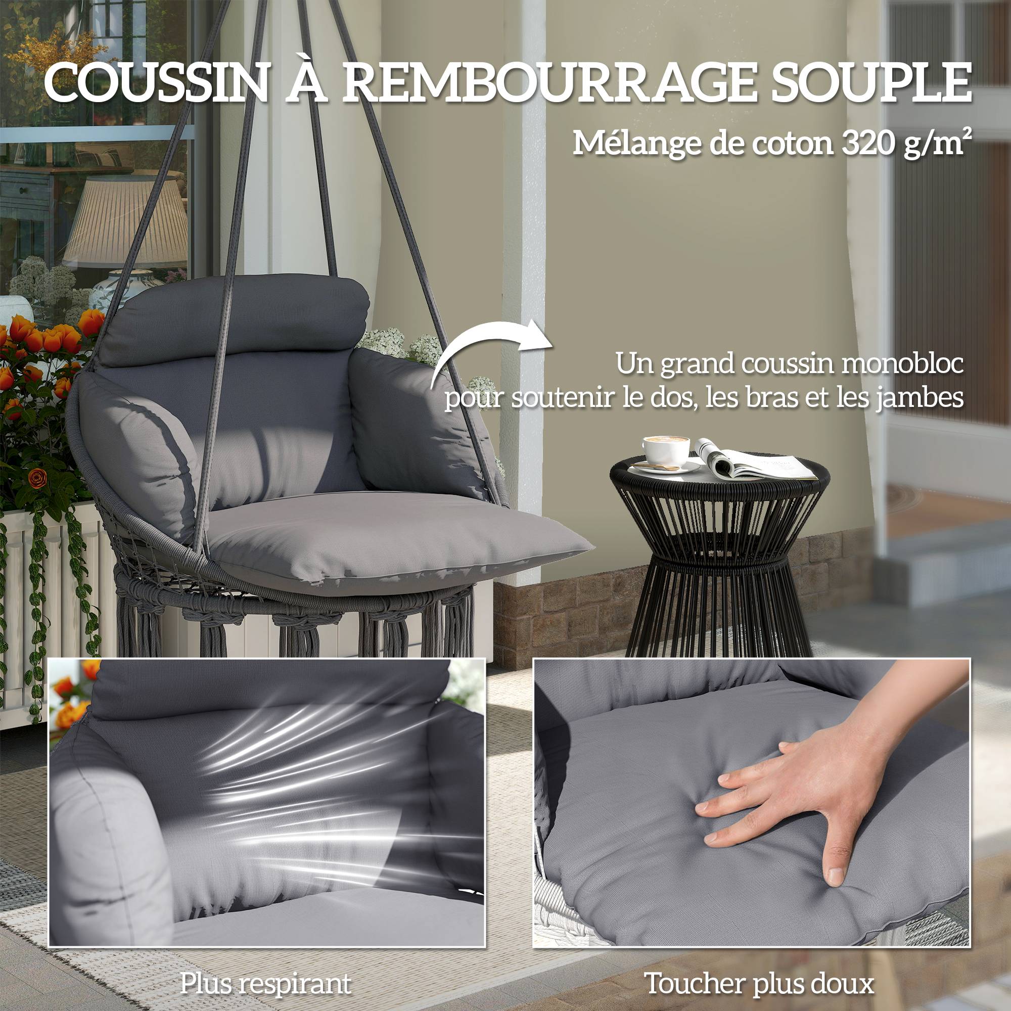 Chaise suspendue avec grand coussin rembourré hamac fauteuil suspendu à franges kit de suspension 80 x 60 x 40 cm gris foncé - Image 6