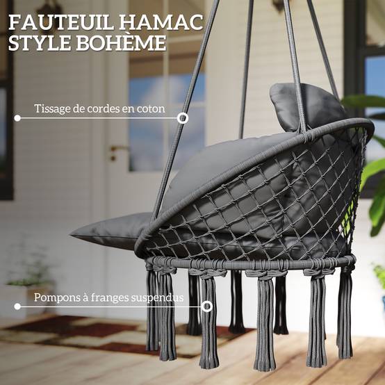 Chaise suspendue avec grand coussin rembourré hamac fauteuil suspendu à franges kit de suspension 80 x 60 x 40 cm gris foncé - Image 7