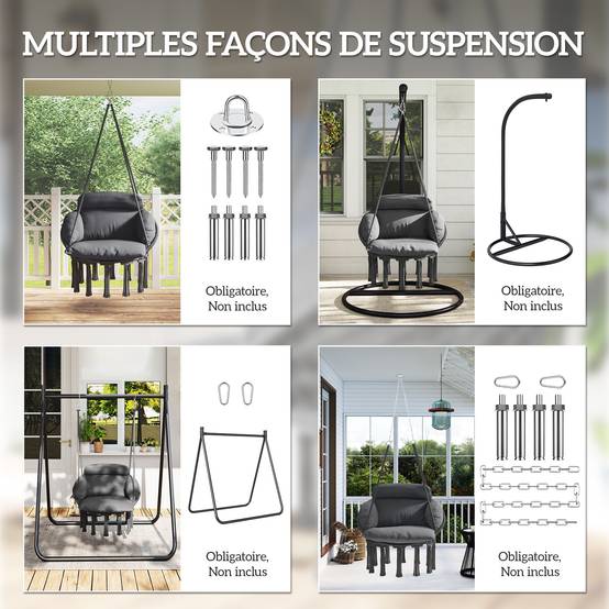Chaise suspendue avec grand coussin rembourré hamac fauteuil suspendu à franges kit de suspension 80 x 60 x 40 cm gris foncé - Image 9