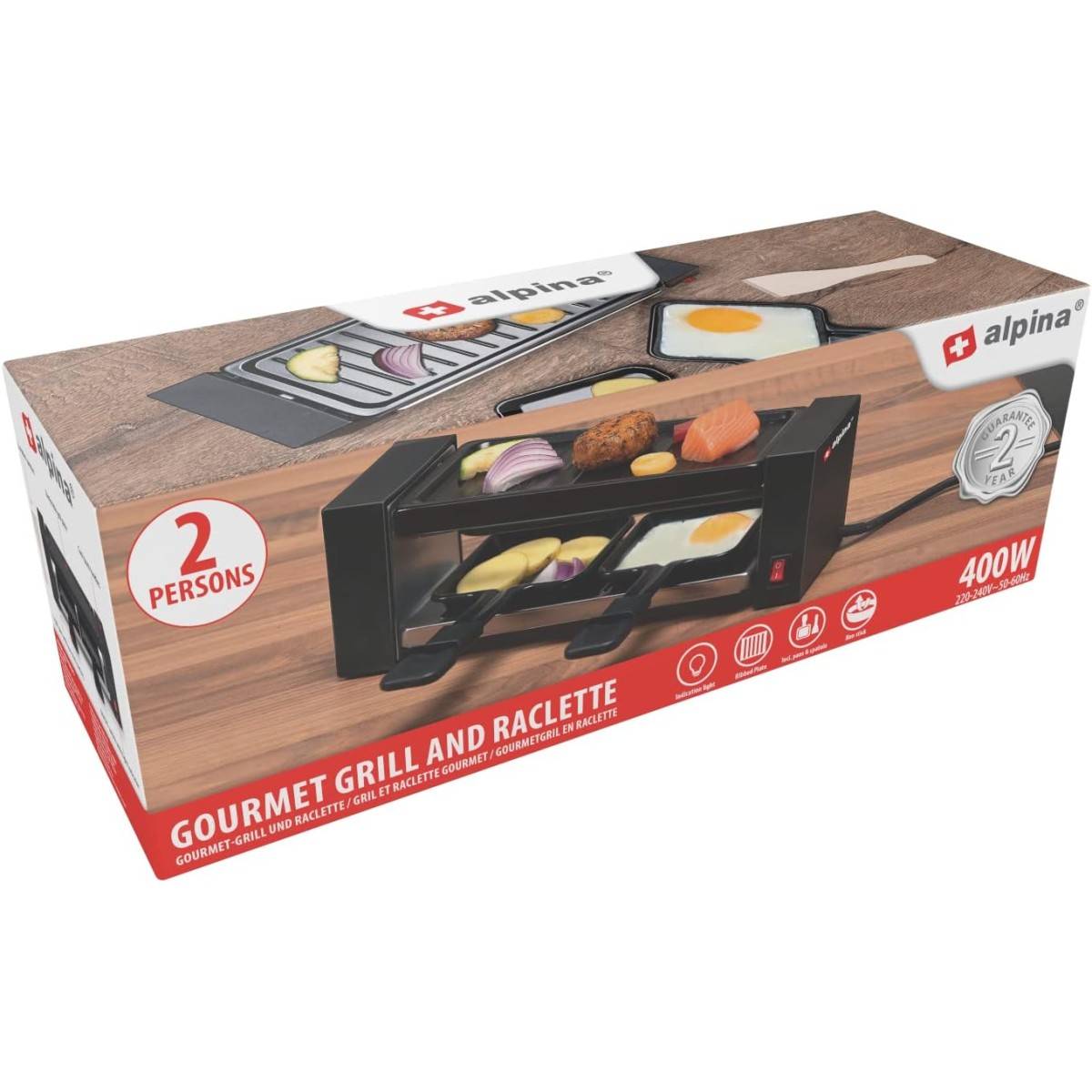 Alpina - Appareil à raclette 2 personnes 400W Polyvalent Grill + Raclette Revêtement Anti-adhésif Poelons et spatules 230V ALPINA - Imagen 4