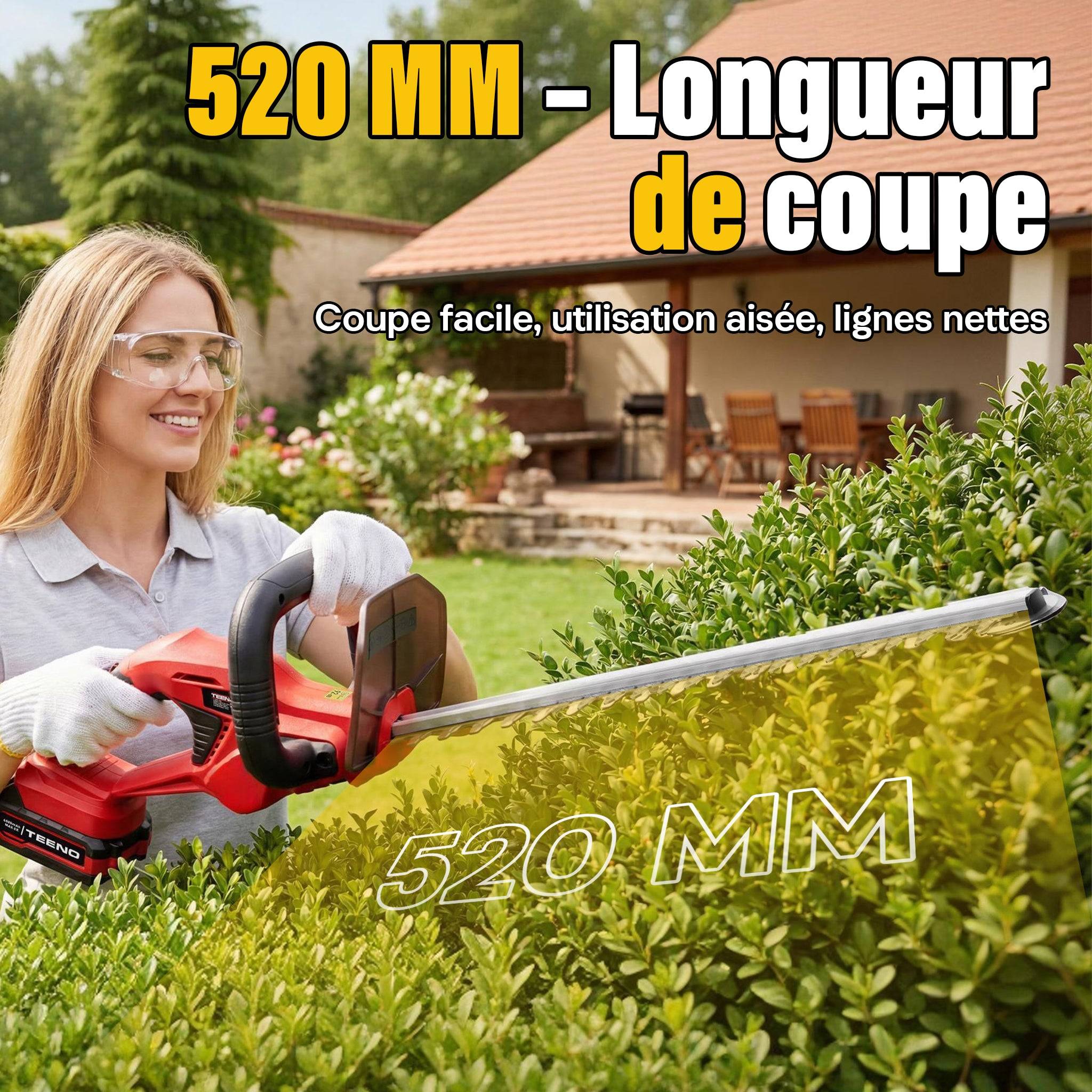 Taille-Haies sur Batterie 20V, 1 Batterie 4000mAh, Lame 52cm, Coupe 16mm, Idéal pour Jardin, Haies, Arbustes et Buissons - Image 3