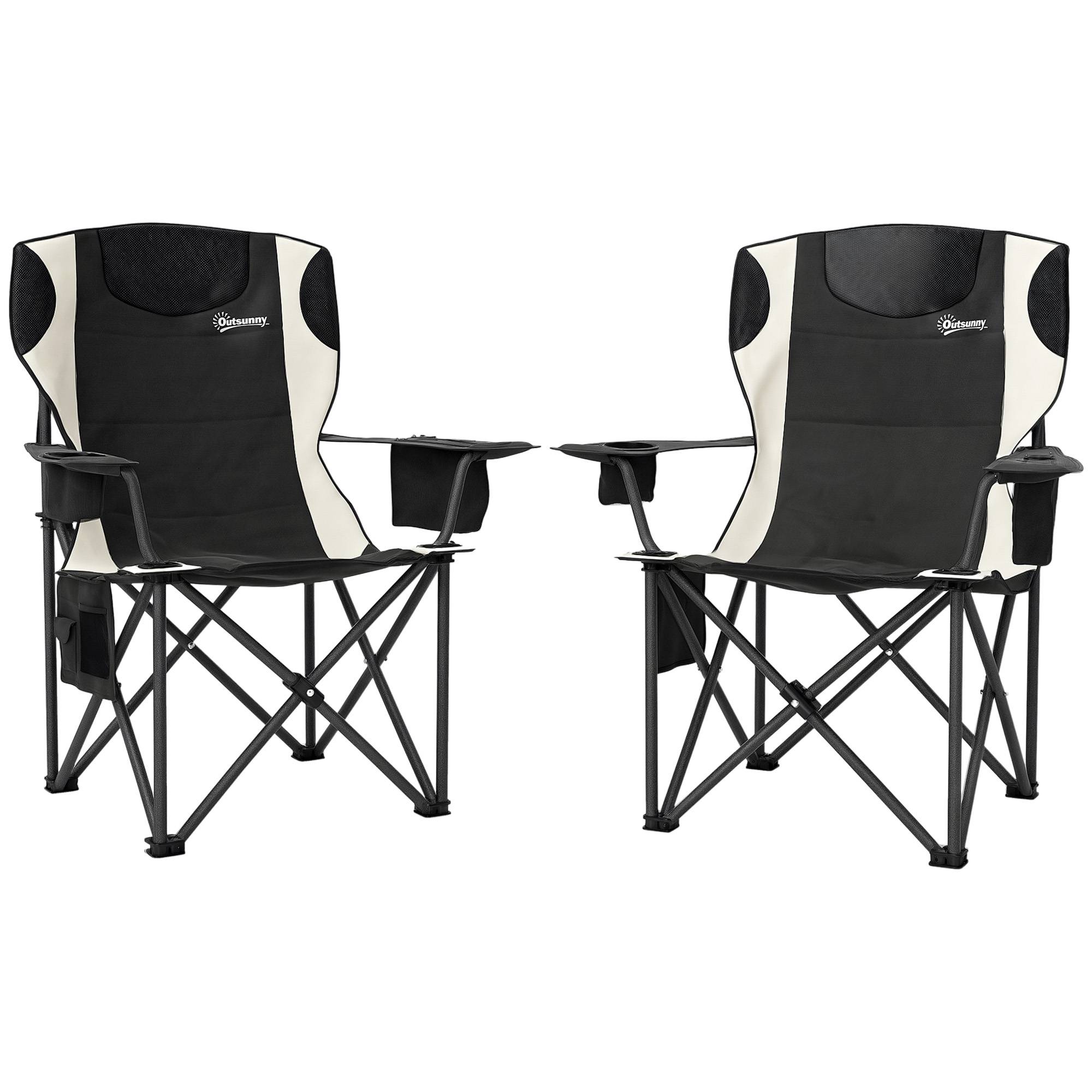 Lot de 2 chaises camping pliantes avec accoudoirs, porte-gobelet, appui-tête et glacière intégrée noires