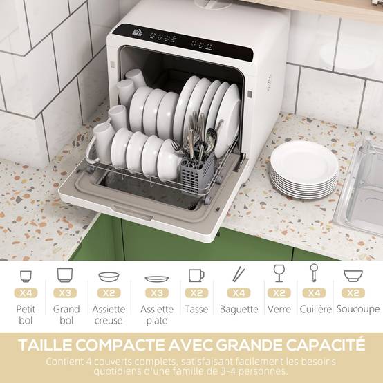 Mini lave-vaisselle 4 couverts 5 programmes, réservoir 6L, commande tactile écran LED, 45x44x45,8cm, blanc - Image 6
