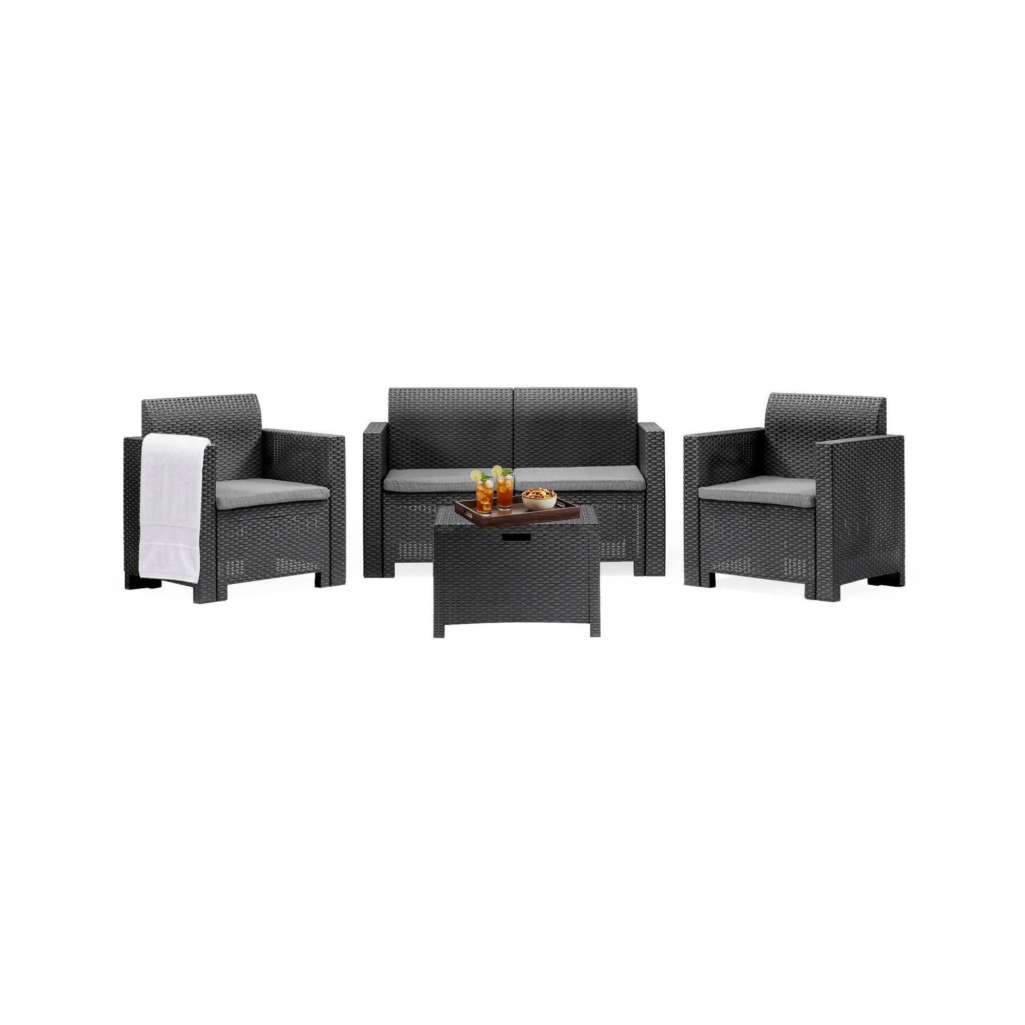 Dmora - Ensemble de salon d'extérieur Dmotto, Ensemble de jardin avec coussins, Ensemble de salon d'intérieur effet rotin, Anthracite - Dmora - Imagen 1