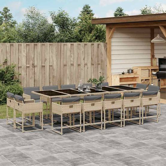 Ensemble Table et Chaises de Jardin 14 Personnes, Mobilier Encastrable en Poly Rotin Beige, Coussins Gris Clair – ComfortXL Outdoor Living - Image 1