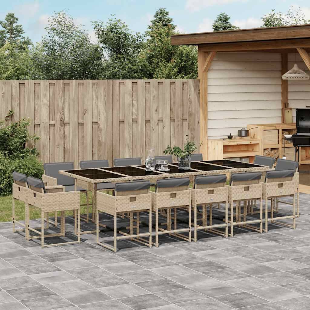 Ensemble Table et Chaises de Jardin 14 Personnes, Mobilier Encastrable en Poly Rotin Beige, Coussins Gris Clair – ComfortXL Outdoor Living - Image 1