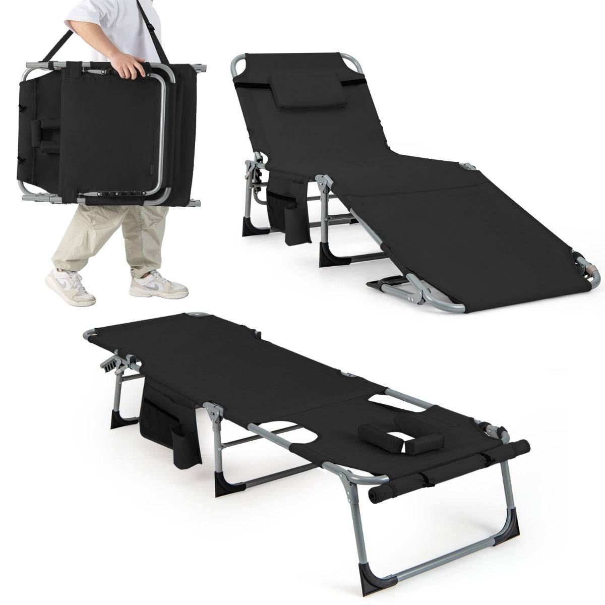 Helloshop26 - Chaise longue pliante à 5 positions repose-pieds réglables trou pour le visage oreiller amovible poche de rangement chaise pliable et légère noir - Imagen 1