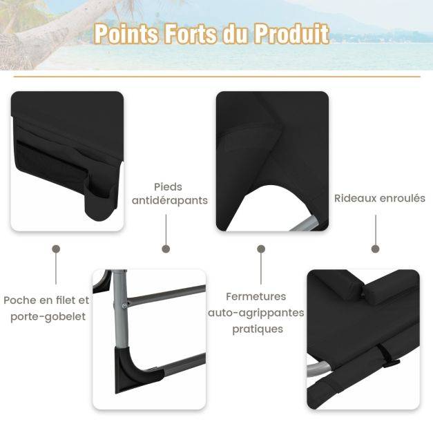 Helloshop26 - Chaise longue pliante à 5 positions repose-pieds réglables trou pour le visage oreiller amovible poche de rangement chaise pliable et légère noir - Imagen 3
