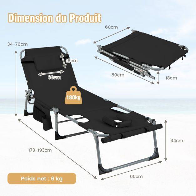 Helloshop26 - Chaise longue pliante à 5 positions repose-pieds réglables trou pour le visage oreiller amovible poche de rangement chaise pliable et légère noir - Imagen 6