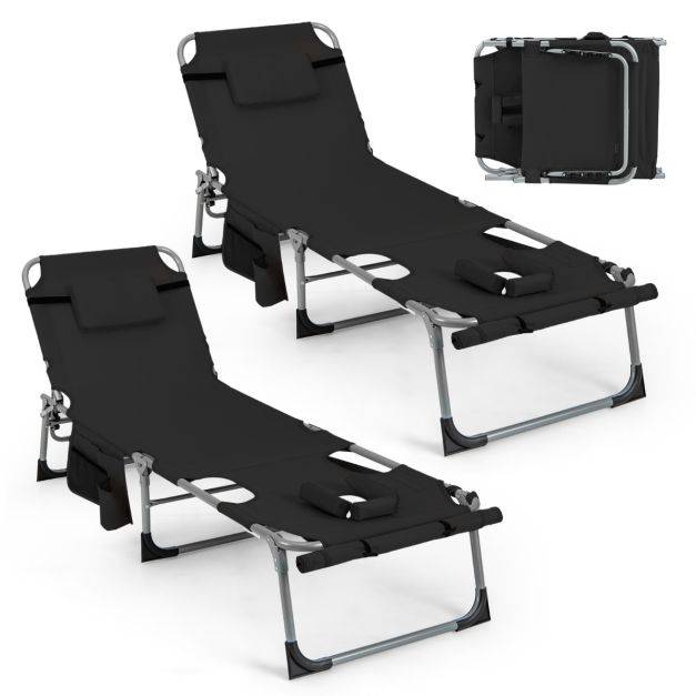 Helloshop26 - Chaise longue pliante à 5 positions repose-pieds réglables trou pour le visage oreiller amovible poche de rangement chaise pliable et légère noir - Imagen 2