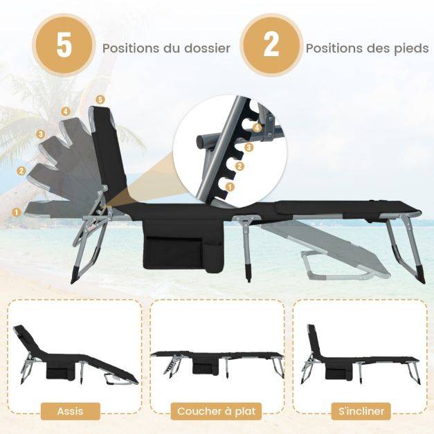 Helloshop26 - Chaise longue pliante à 5 positions repose-pieds réglables trou pour le visage oreiller amovible poche de rangement chaise pliable et légère noir - Imagen 4