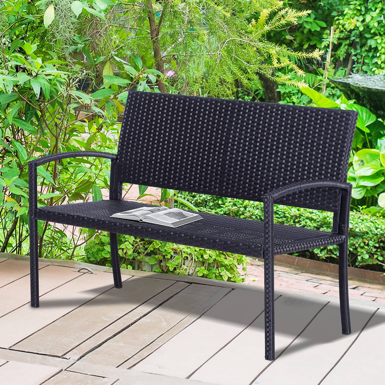 Banc de jardin 2 places Résine Terrasse Balcon Dossier incliné 122cm Noir - ComfortXL Outdoor Living - Image 3