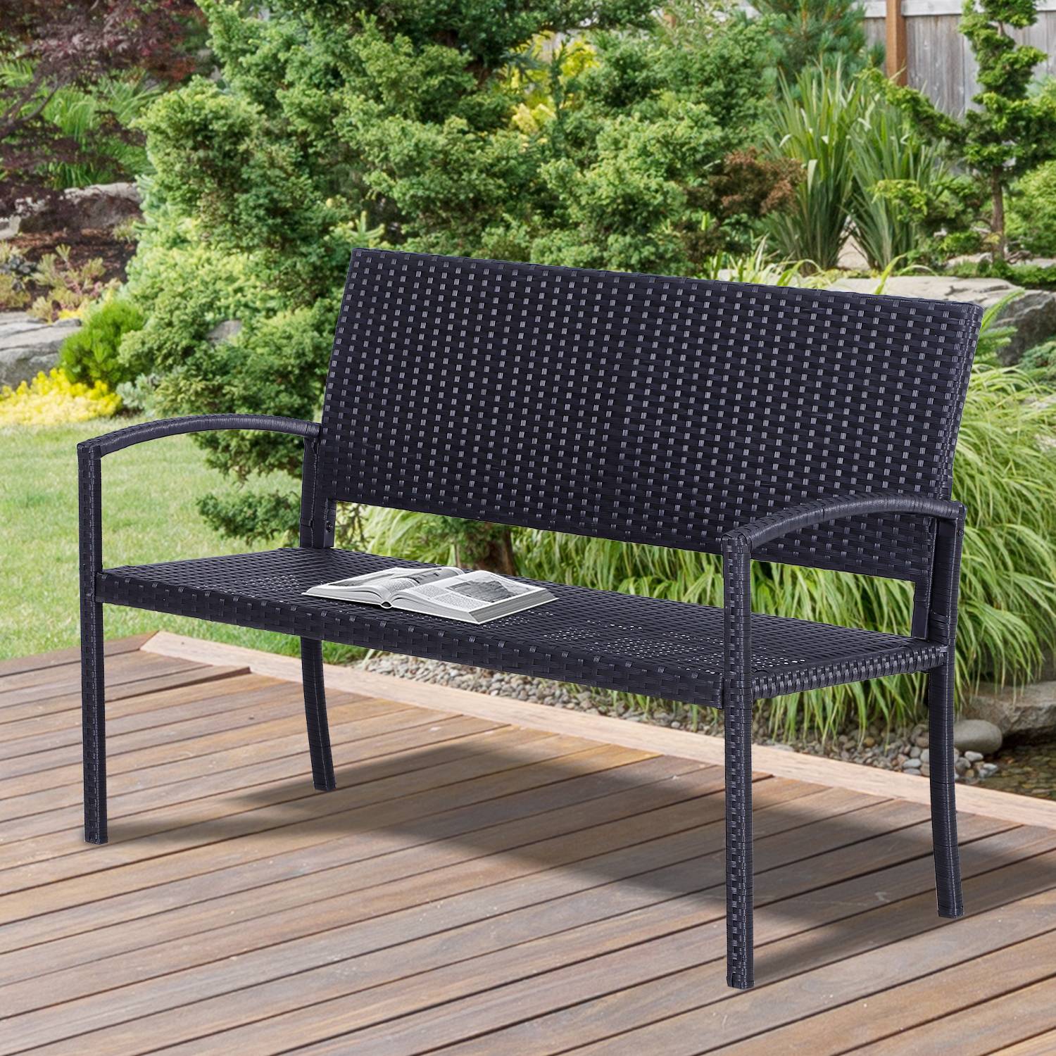 Banc de jardin 2 places Résine Terrasse Balcon Dossier incliné 122cm Noir - ComfortXL Outdoor Living - Image 4