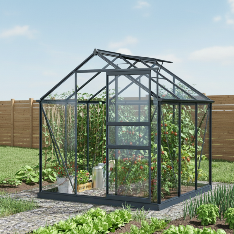 Serre de jardin 3,5m² aluminium anthracite verre trempé 4mm avec embase Green Protect Rinca - Image 1