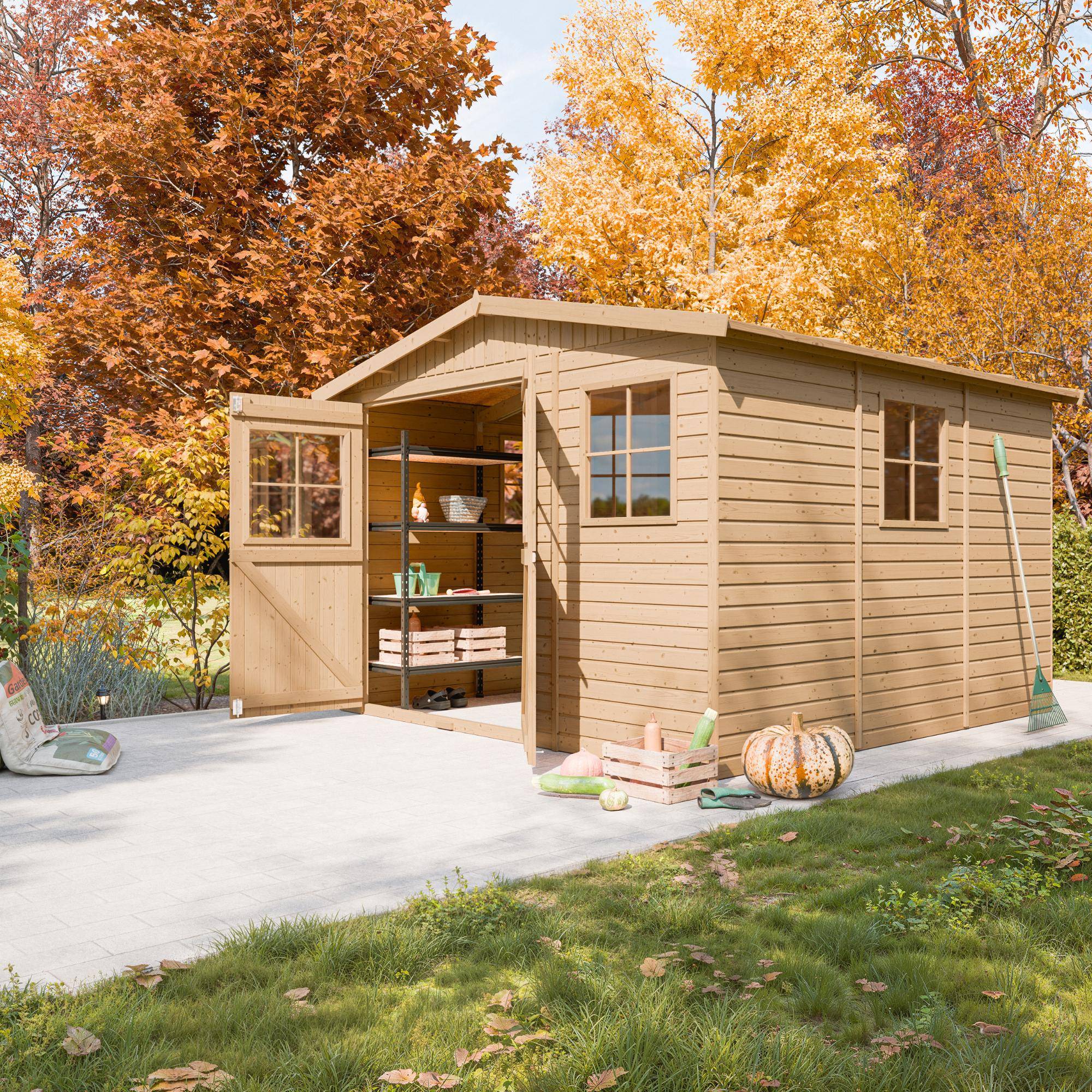 Timbela - Abri de Jardin en Bois Naturel H226x316x324 cm/9 m² avec fenêtres - Atelier rangement outils et vélos - 17 mm d’épaisseur - Timbela M335 - Image 5