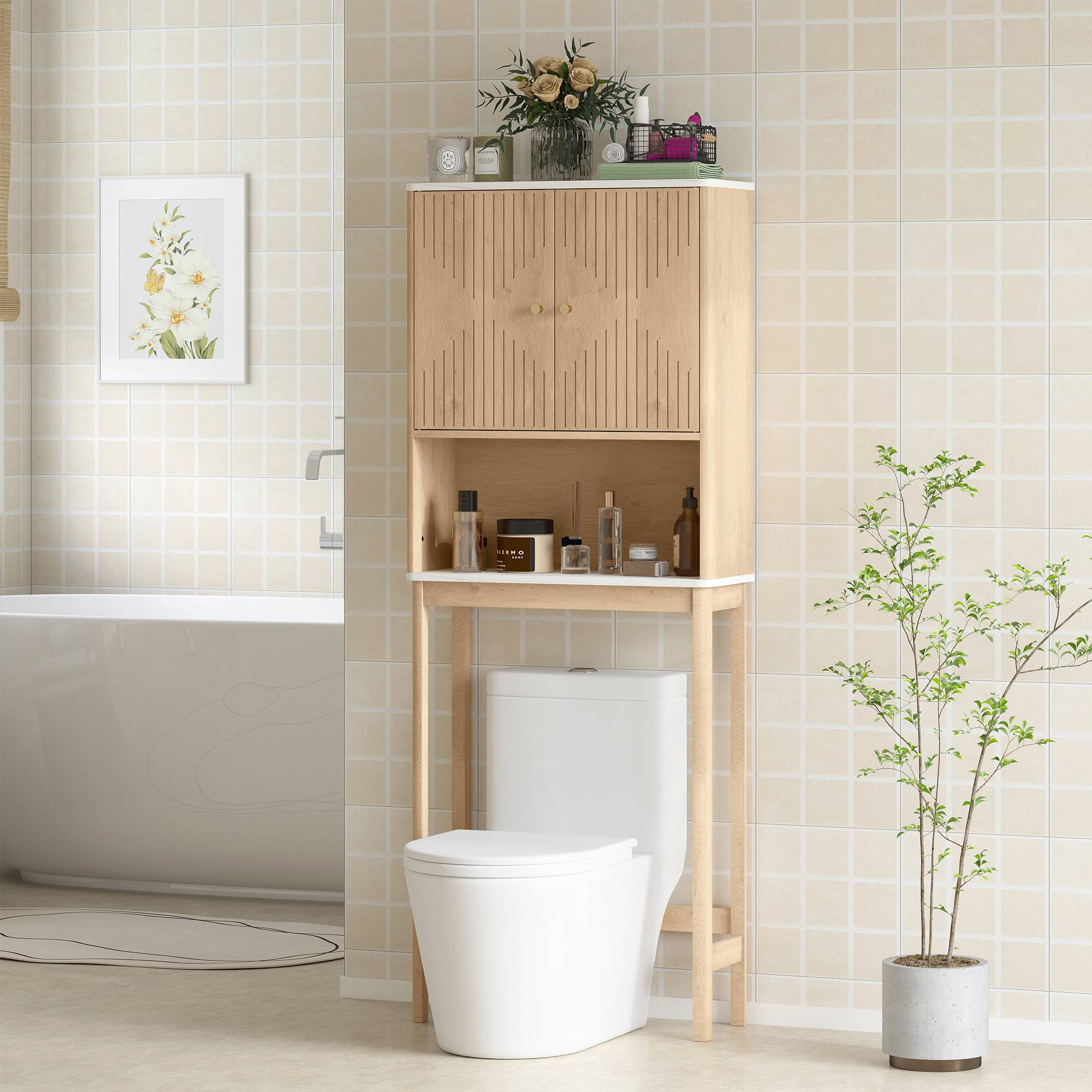 Sans Marque - Meuble WC dessus toilette meuble toilettes WC rangement placard double porte étagères 66x25x168 cm chêne - Image 4