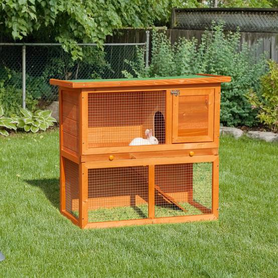 Clapier en Bois à 2 Niveaux pour Lapin avec Enclos et Rampe 90x45x80cm Naturel et Vert - ComfortXL Outdoor Living - Image 3