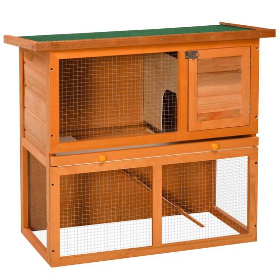 Clapier en Bois à 2 Niveaux pour Lapin avec Enclos et Rampe 90x45x80cm Naturel et Vert - ComfortXL Outdoor Living - Image 1