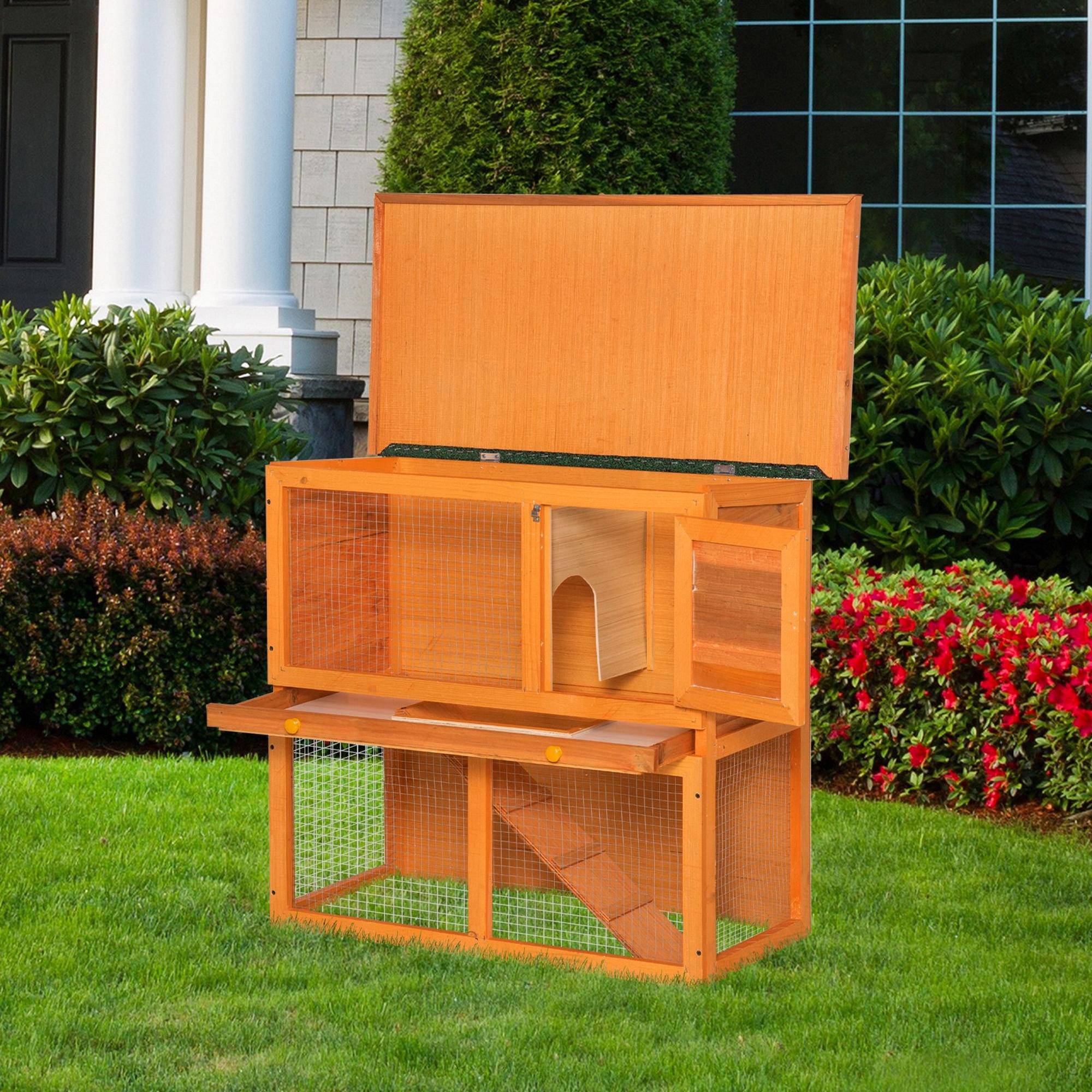 Clapier en Bois à 2 Niveaux pour Lapin avec Enclos et Rampe 90x45x80cm Naturel et Vert - ComfortXL Outdoor Living - Image 4