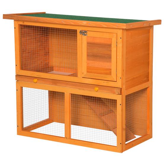 Clapier en Bois à 2 Niveaux pour Lapin avec Enclos et Rampe 90x45x80cm Naturel et Vert - ComfortXL Outdoor Living - Image 2