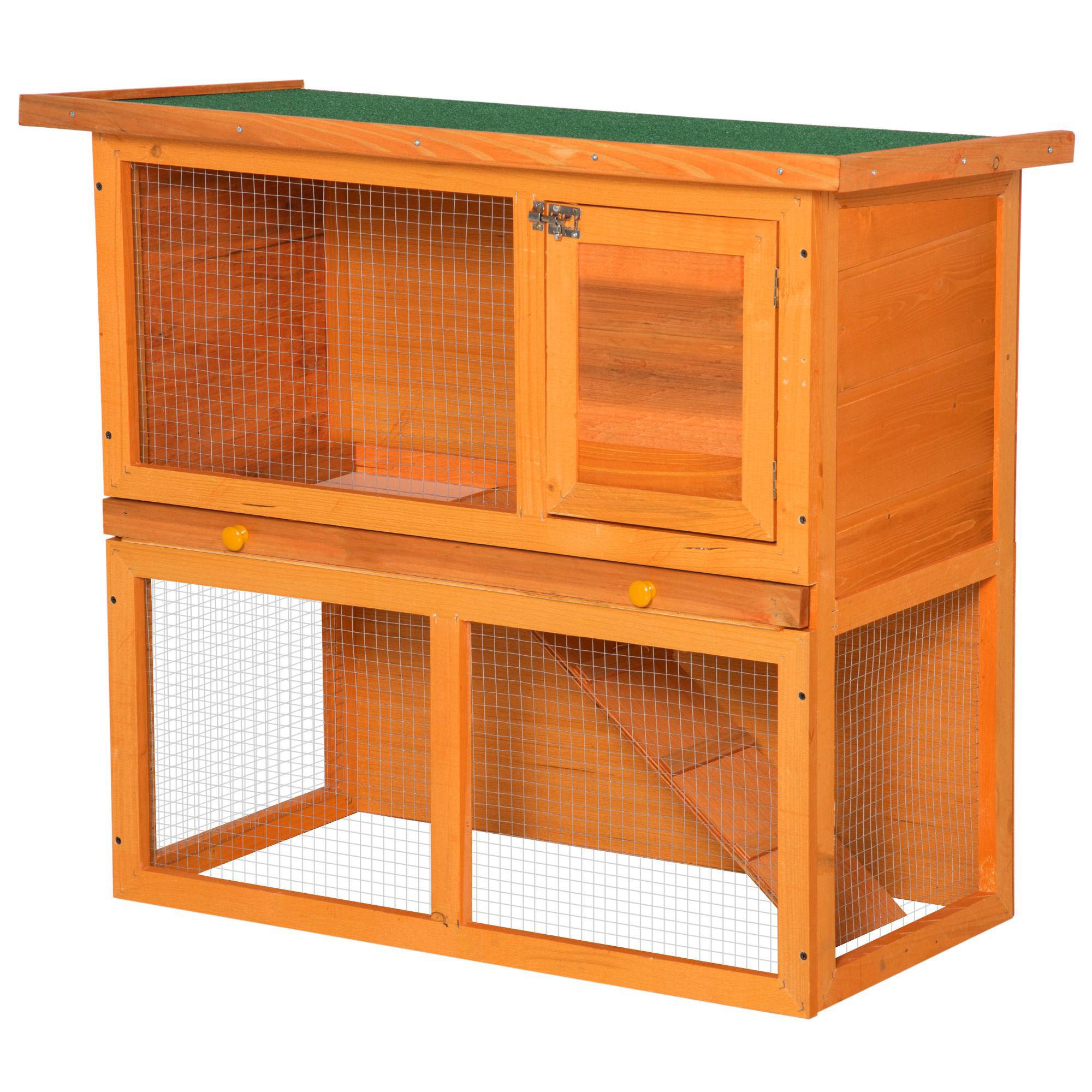 Clapier en Bois à 2 Niveaux pour Lapin avec Enclos et Rampe 90x45x80cm Naturel et Vert - ComfortXL Outdoor Living - Image 2