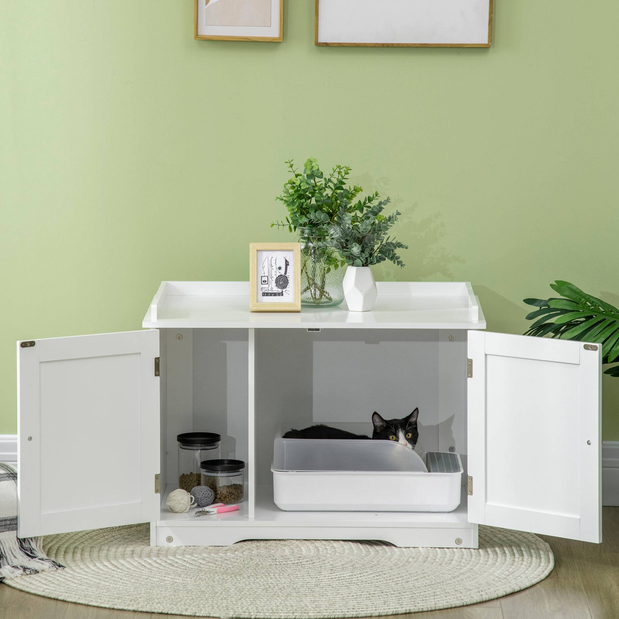 Sans Marque - Bac à litière pour chat, maison pour chat, avec cloison, double porte magnétique, étagère latérale, blanc, 86 x 48 x 52 cm - Image 3