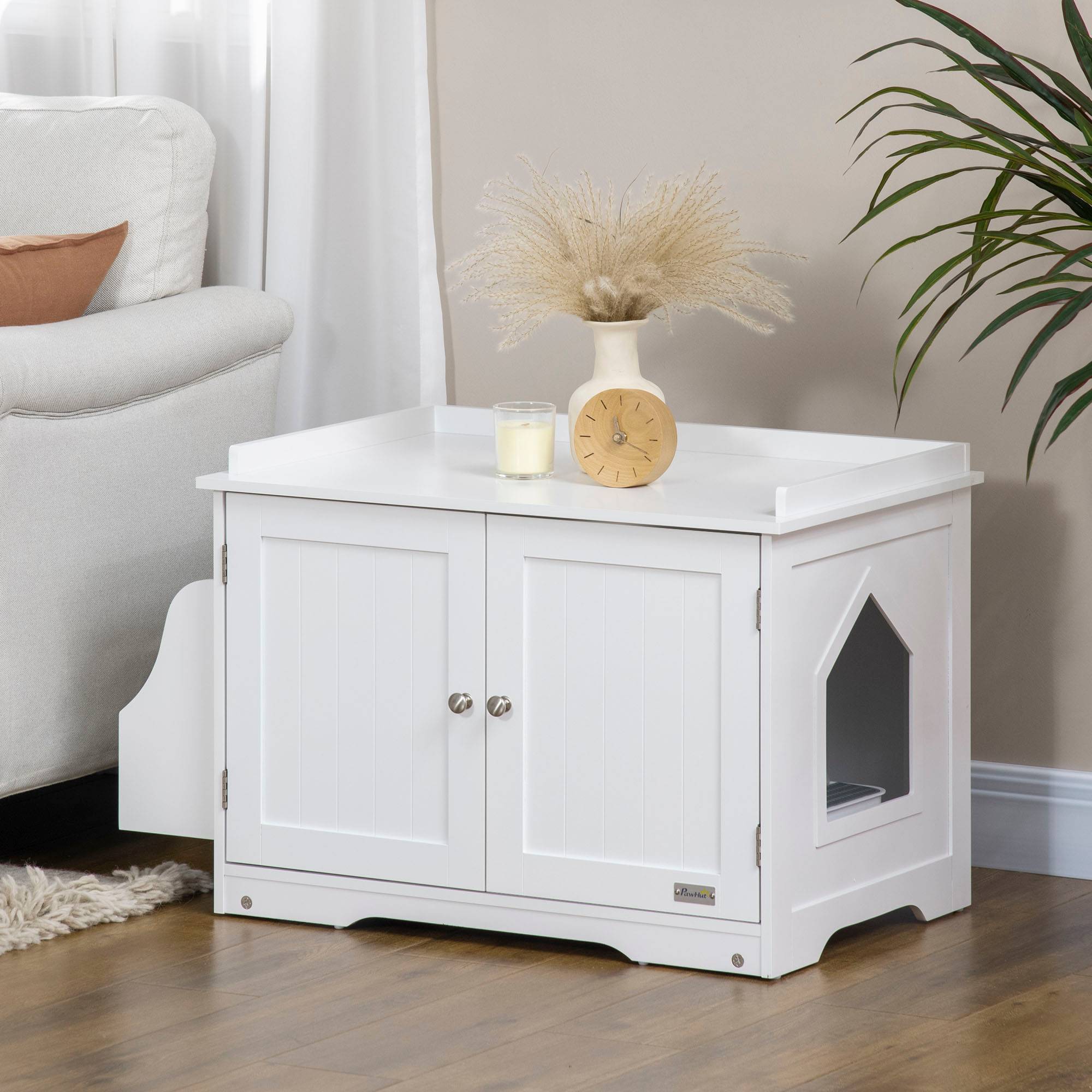 Sans Marque - Bac à litière pour chat, maison pour chat, avec cloison, double porte magnétique, étagère latérale, blanc, 86 x 48 x 52 cm - Image 2