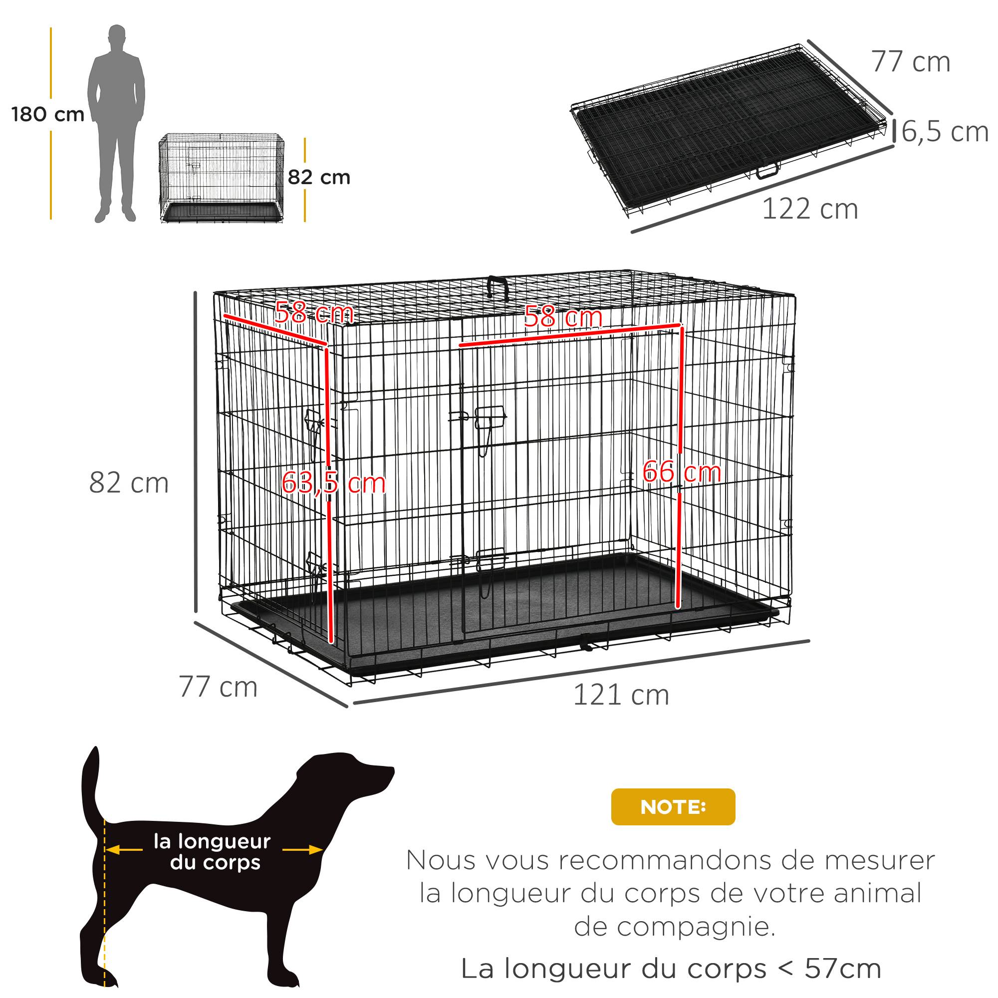 Cage de transport pliante en acier pour chiens 2 portes verrouillables 121x77cm Noir - ComfortXL Outdoor Living - Image 5