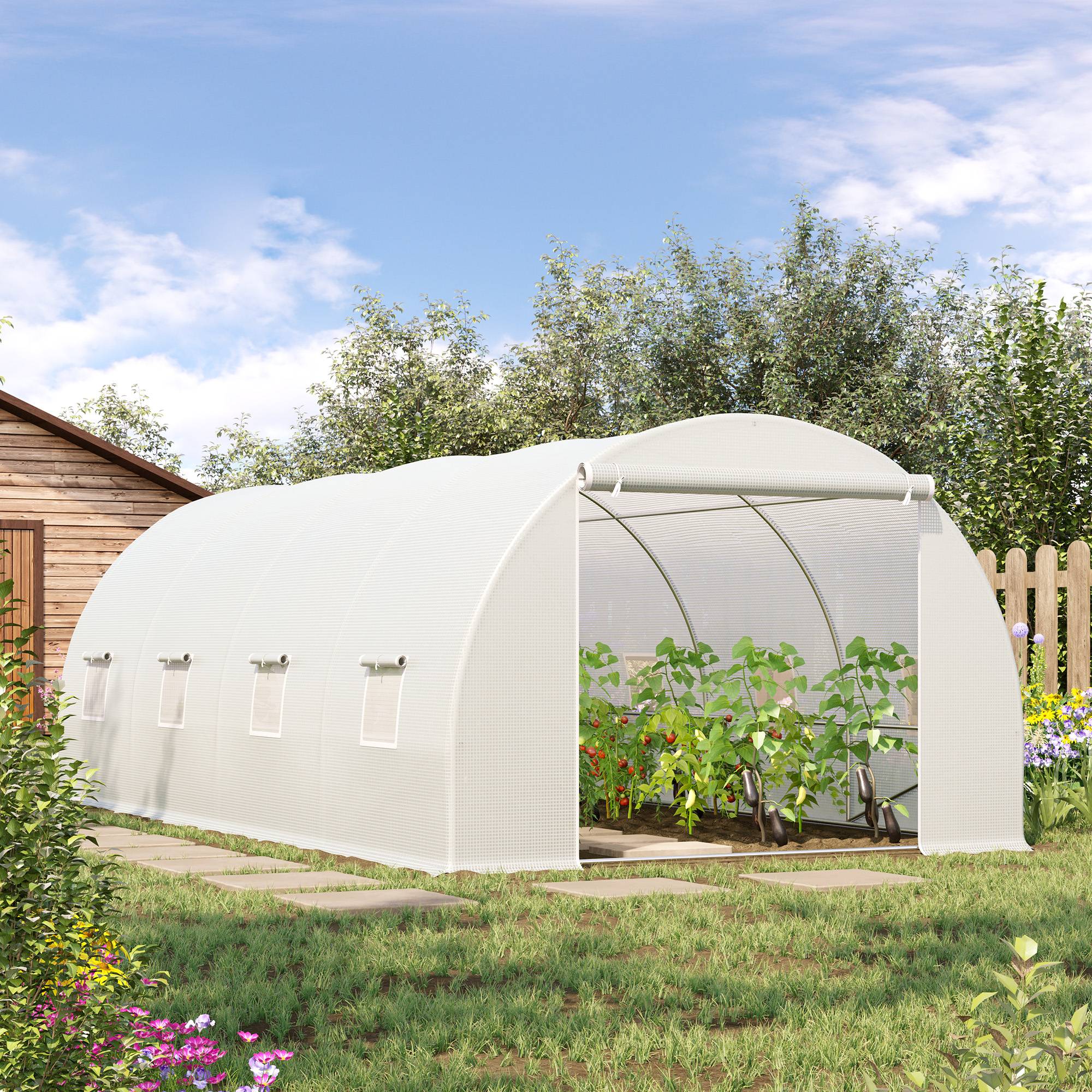 Serre de Jardin Tunnel Surface Sol 18 m² 6L x 3l x 2H m châssis Tubulaire renforcé 24 mm 8 fenêtres Blanc - Image 4