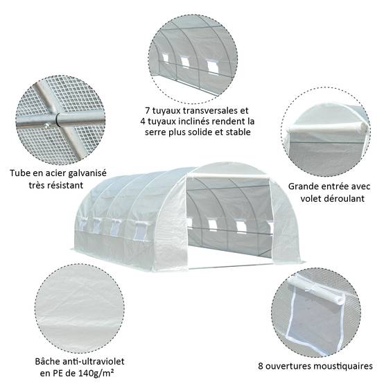 Serre de Jardin Tunnel Surface Sol 18 m² 6L x 3l x 2H m châssis Tubulaire renforcé 24 mm 8 fenêtres Blanc - Image 6