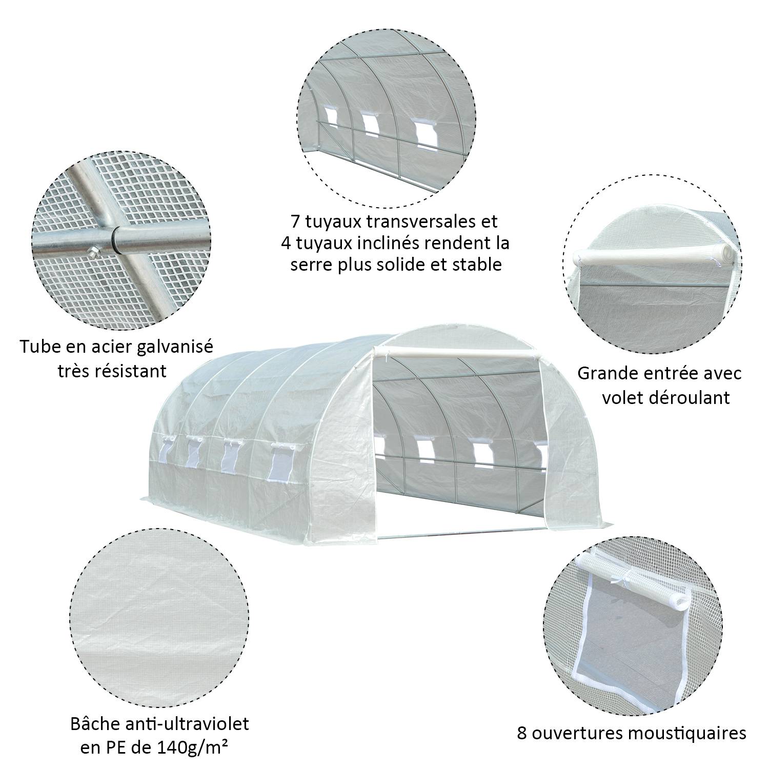 Serre de Jardin Tunnel Surface Sol 18 m² 6L x 3l x 2H m châssis Tubulaire renforcé 24 mm 8 fenêtres Blanc - Image 6