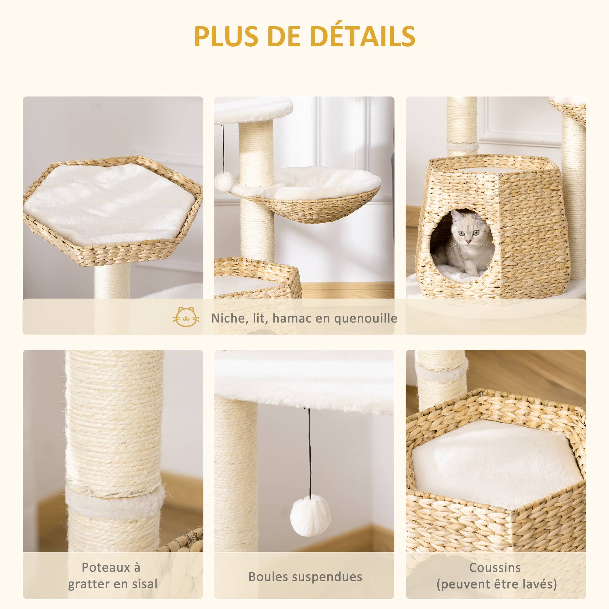 Pawhut - Arbre à chat style cosy chic griffoirs sisal naturel niche 2 paniers avec coussins plateforme boules suspendues quenouille peluche courte crème beige - Imagen 5