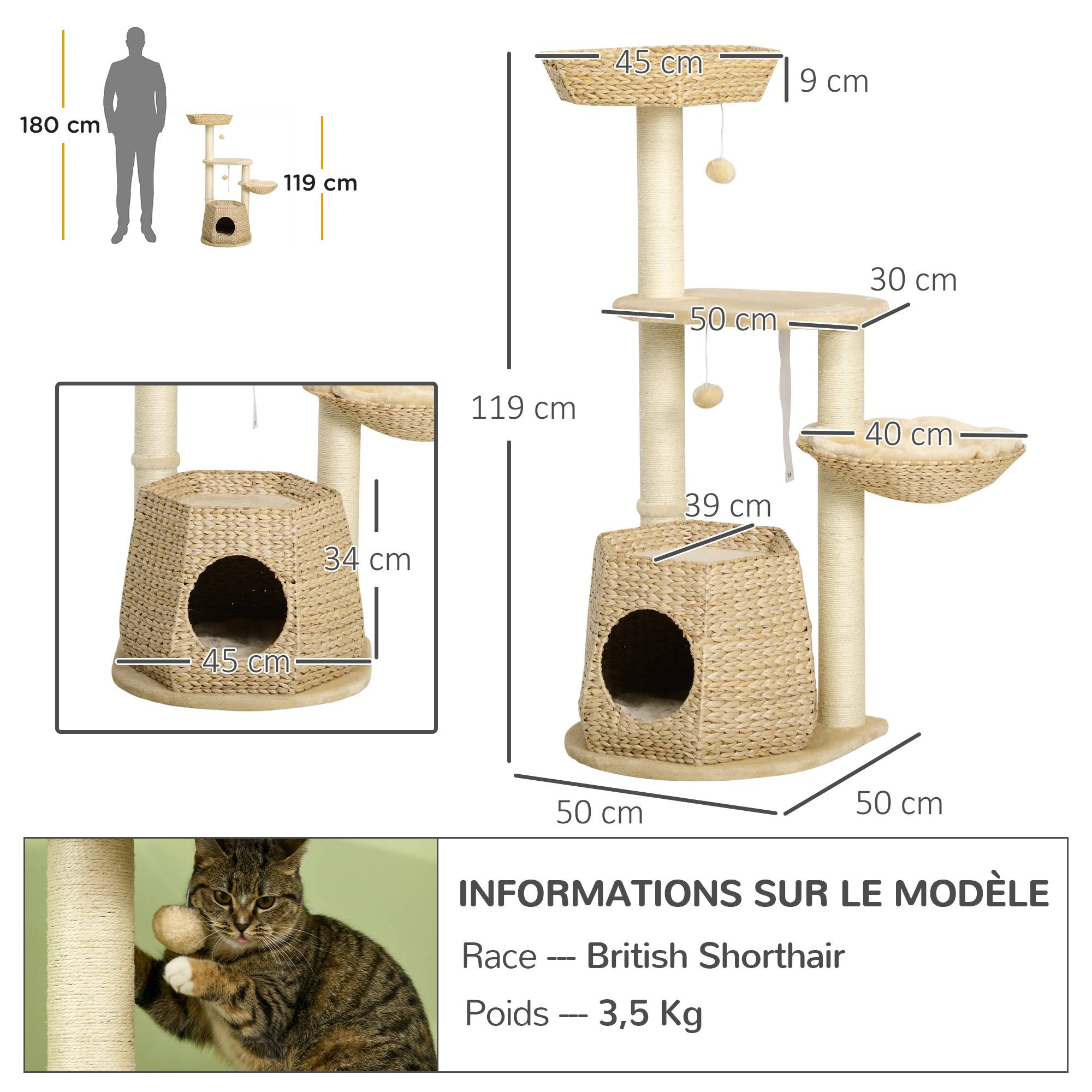 Pawhut - Arbre à chat style cosy chic griffoirs sisal naturel niche 2 paniers avec coussins plateforme boules suspendues quenouille peluche courte crème beige - Imagen 3