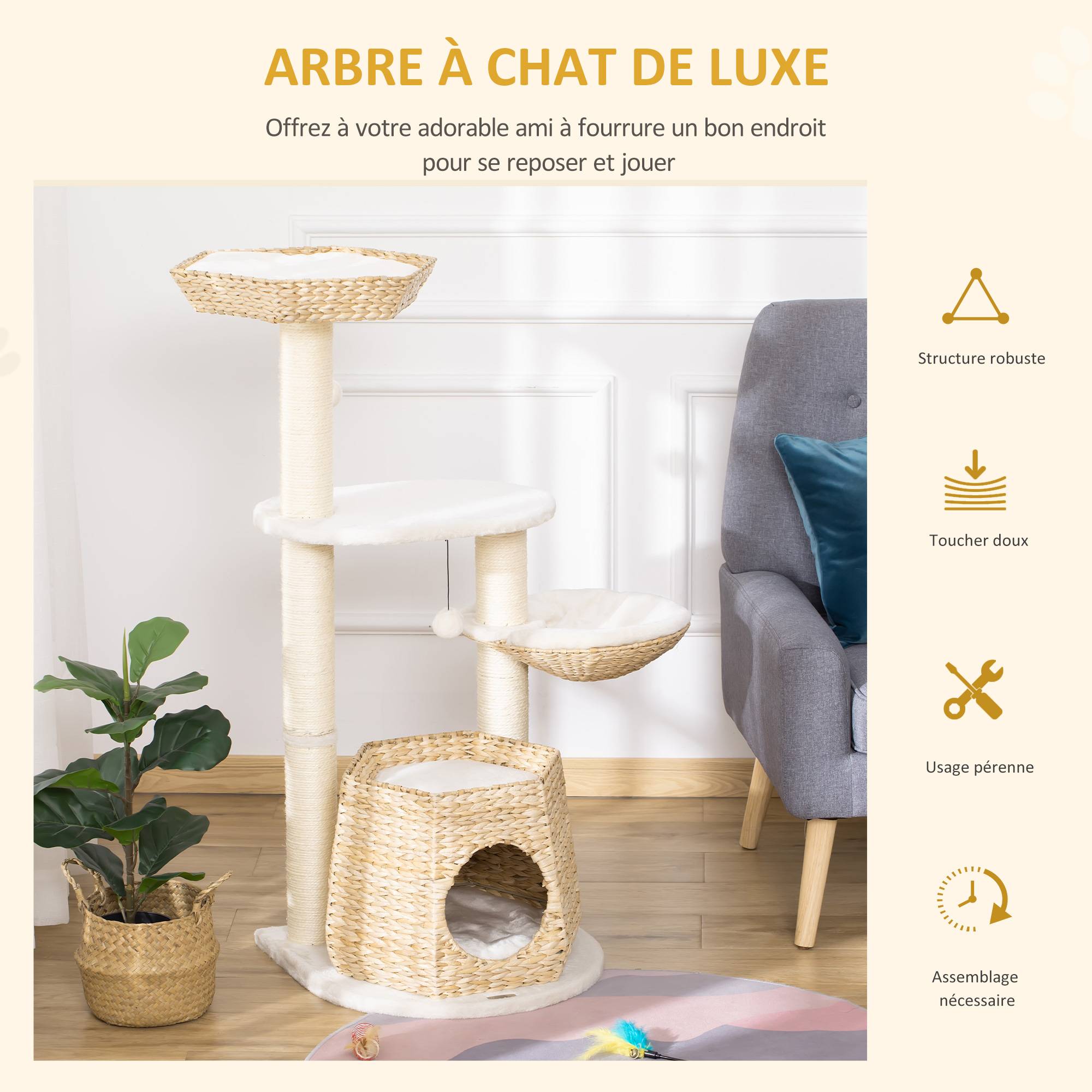 Pawhut - Arbre à chat style cosy chic griffoirs sisal naturel niche 2 paniers avec coussins plateforme boules suspendues quenouille peluche courte crème beige - Imagen 4