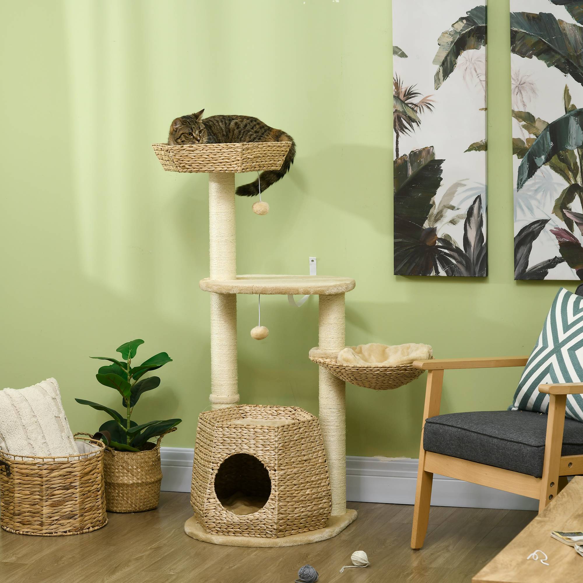 Pawhut - Arbre à chat style cosy chic griffoirs sisal naturel niche 2 paniers avec coussins plateforme boules suspendues quenouille peluche courte crème beige - Imagen 2