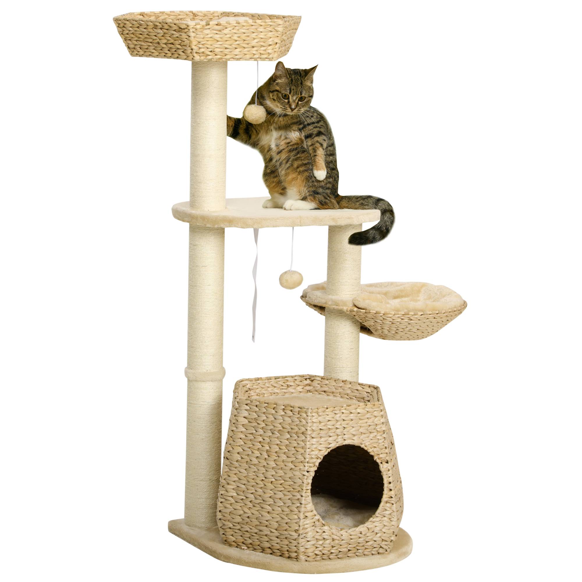 Pawhut - Arbre à chat style cosy chic griffoirs sisal naturel niche 2 paniers avec coussins plateforme boules suspendues quenouille peluche courte crème beige - Imagen 1