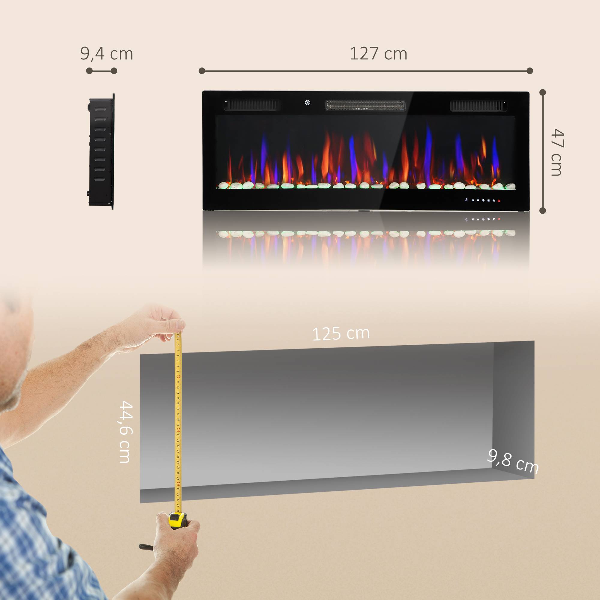 Cheminée électrique murale encastrable ultrafine flamme 3D luminosité/vitesse réglable 12 couleurs galets 900/1800W - Image 5