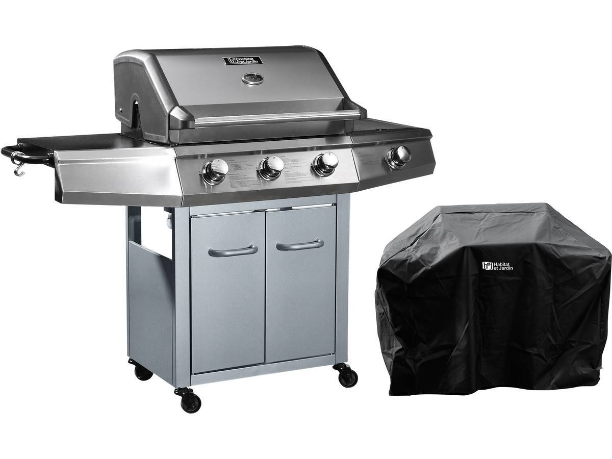Barbecue Gaz Avec Led "bingo 4" - 4 Brûleurs Dont 1 Latéral - 14kw + Housse Protection - Argenté -habitat Et Jardin - Imagen 1