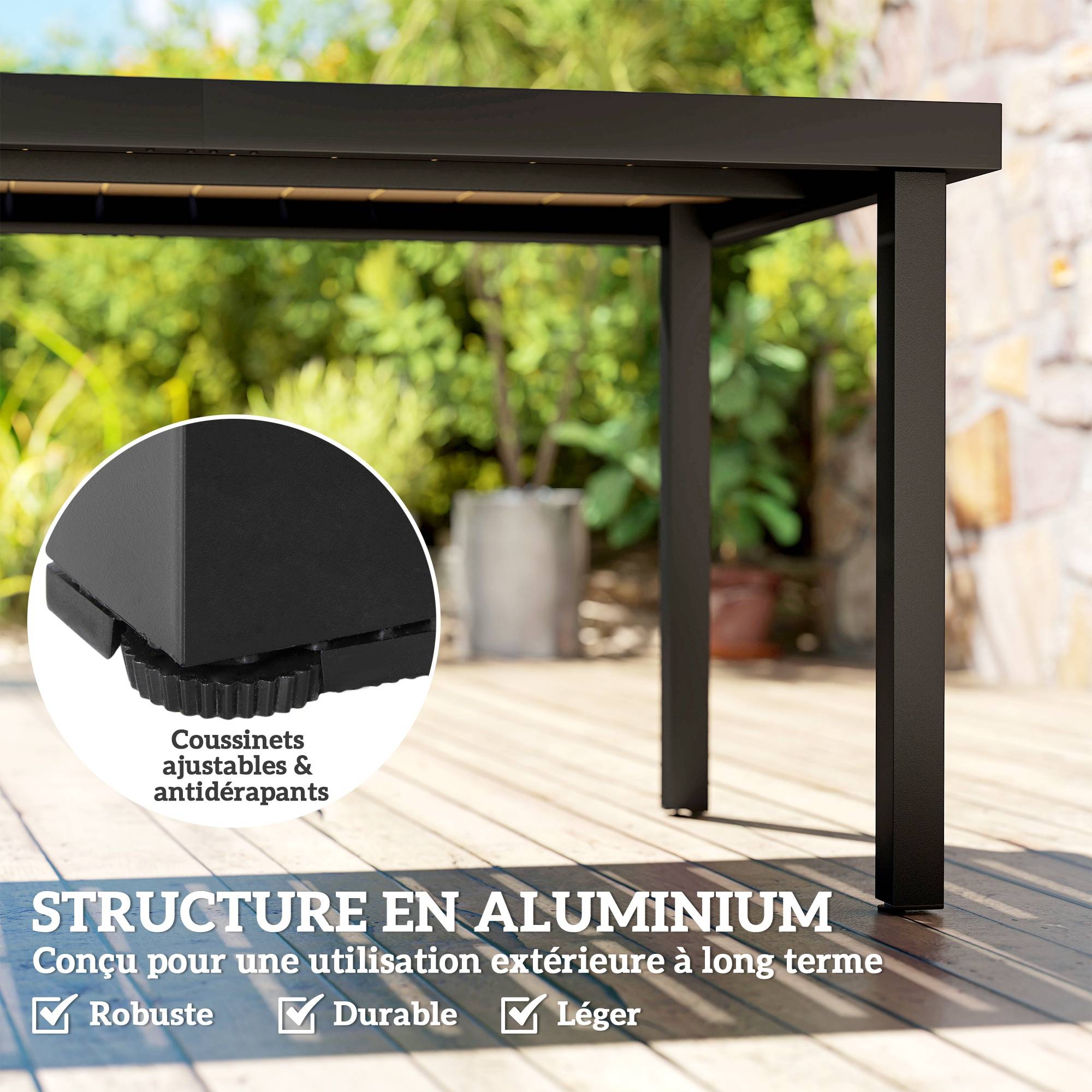Outsunny - Table de jardin rectangulaire pour 8 personnes en aluminium plateau PE à lattes aspect bois dim. 190L x 90l x 74H cm noir - Image 5