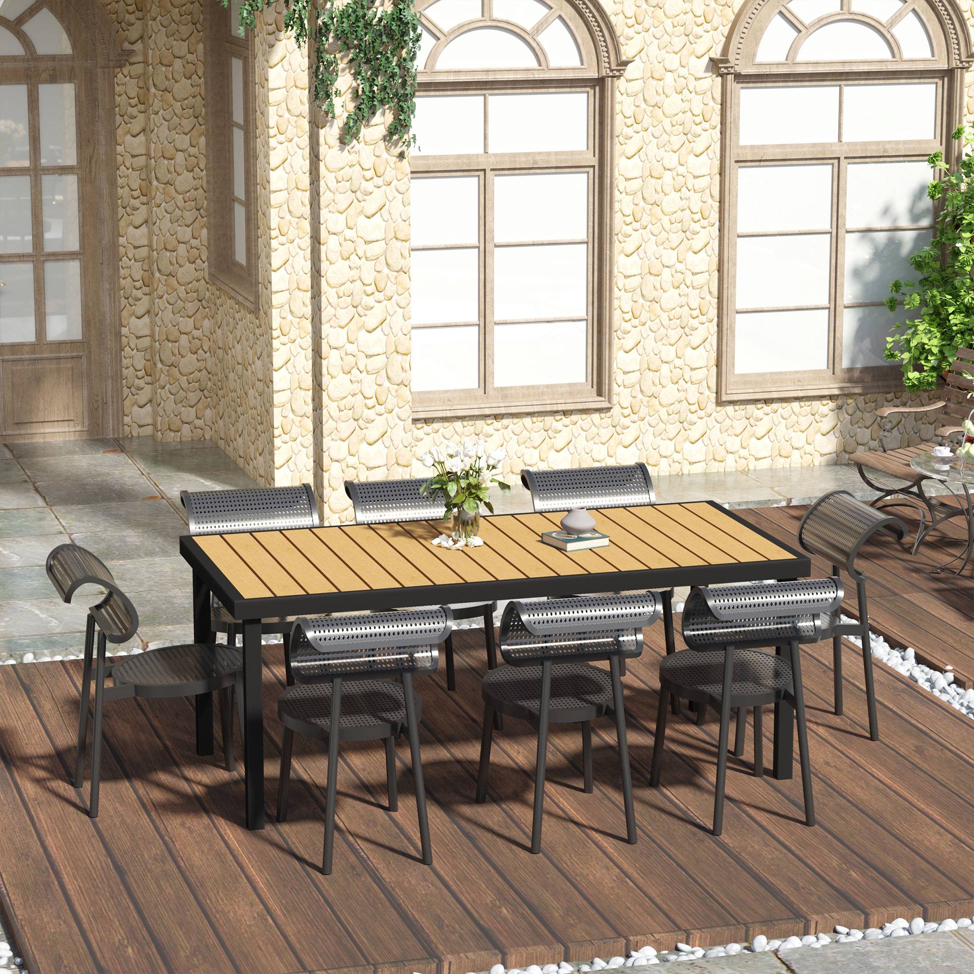 Outsunny - Table de jardin rectangulaire pour 8 personnes en aluminium plateau PE à lattes aspect bois dim. 190L x 90l x 74H cm noir - Image 4