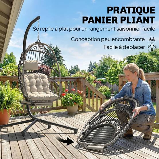 Fauteuil œuf suspendu acier galvanisé balcon salon repose-pieds pliable 117x100x200cm gris - ComfortXL Outdoor Living - Image 7