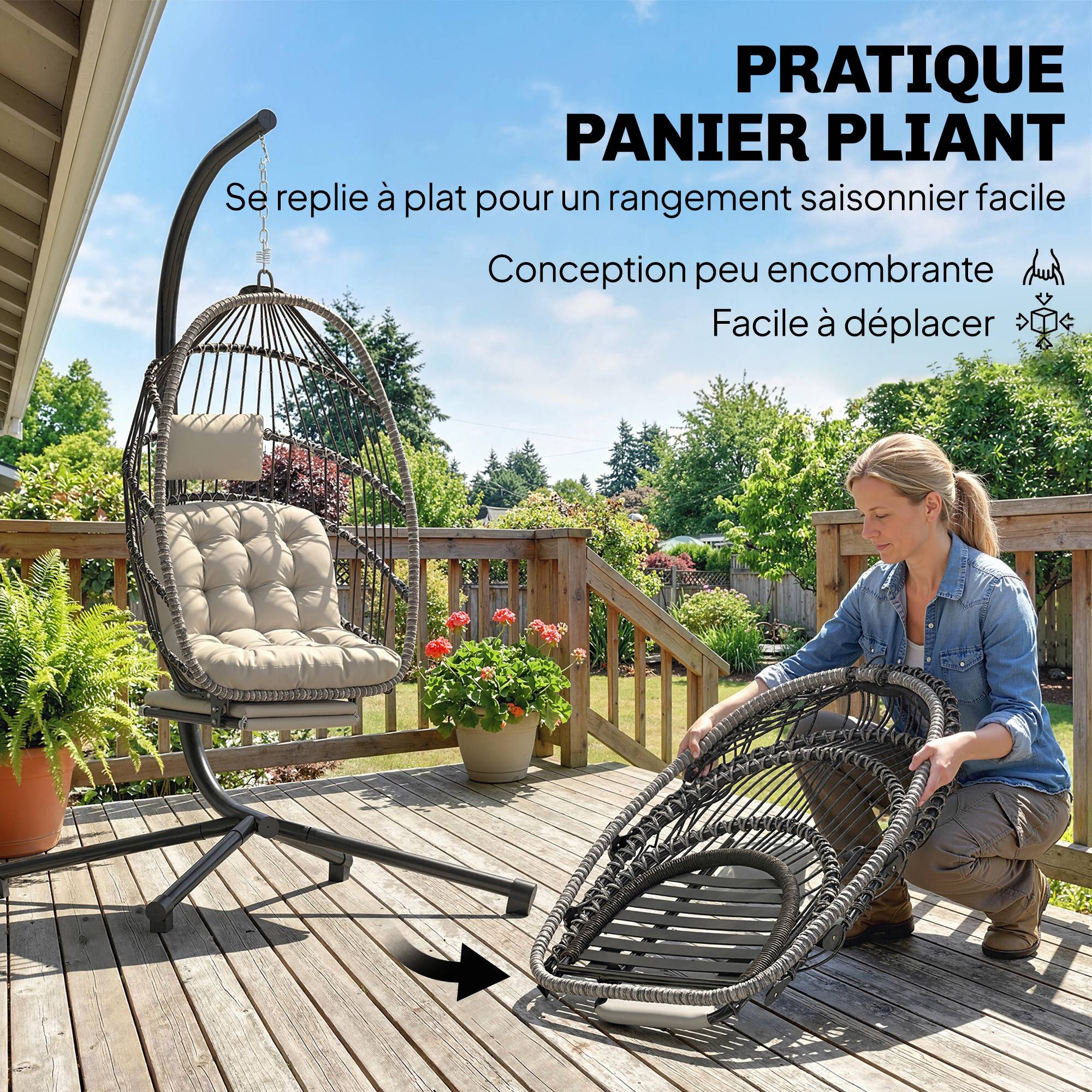 Fauteuil œuf suspendu acier galvanisé balcon salon repose-pieds pliable 117x100x200cm gris - ComfortXL Outdoor Living - Image 7