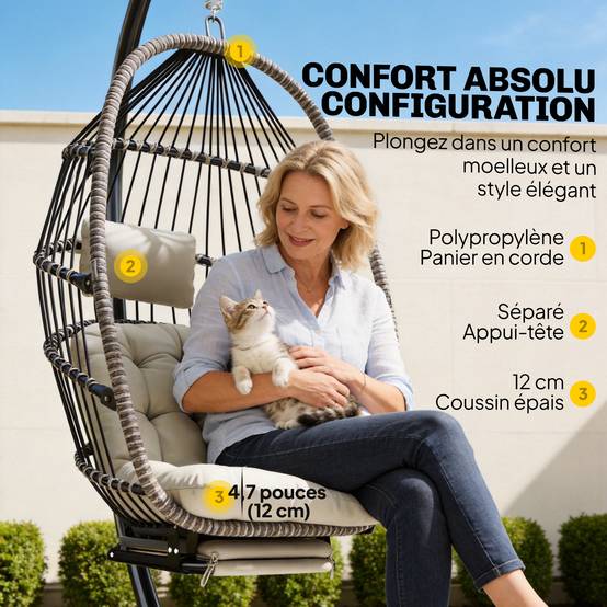 Fauteuil œuf suspendu acier galvanisé balcon salon repose-pieds pliable 117x100x200cm gris - ComfortXL Outdoor Living - Image 8