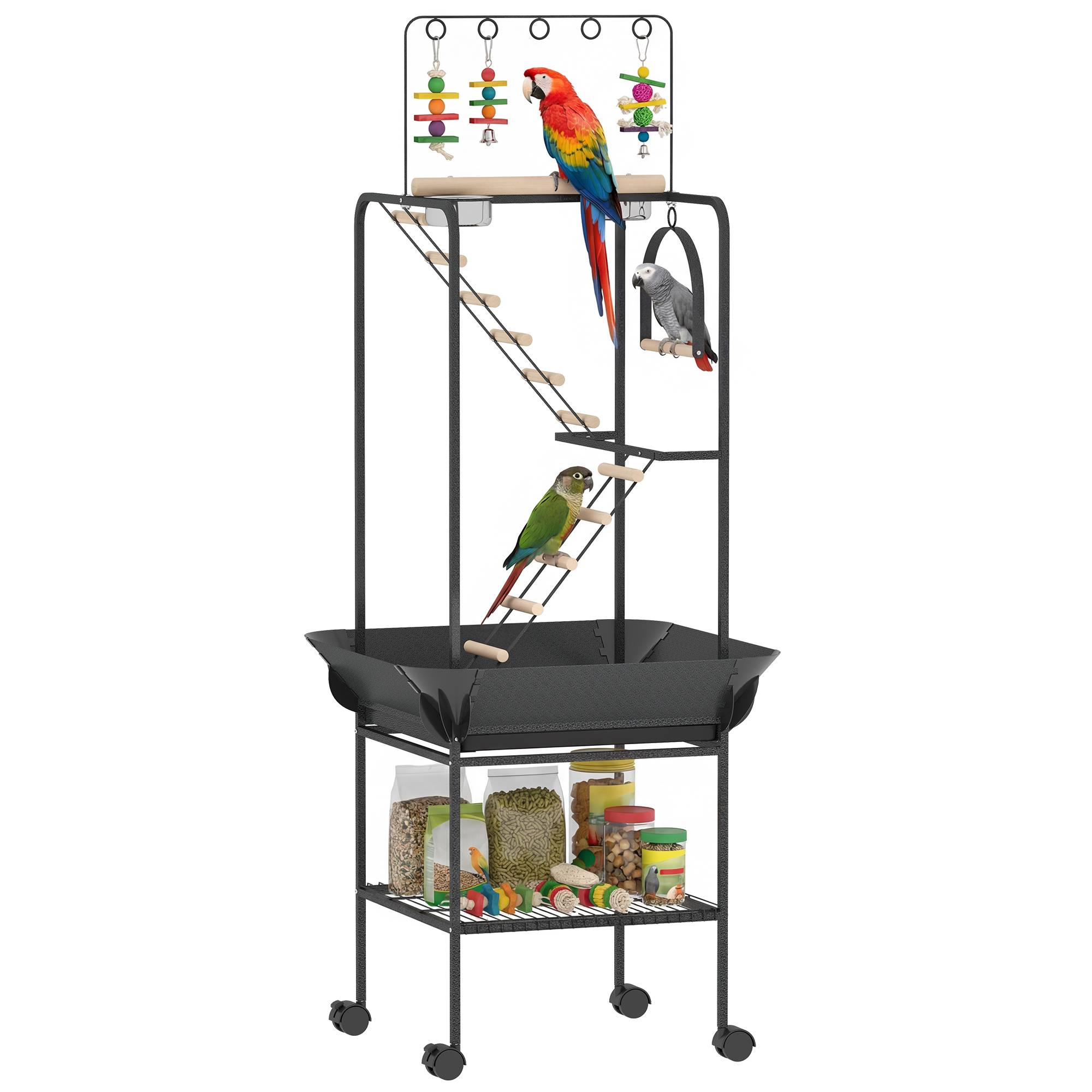 Sans Marque - Parc à oiseaux avec roues, échelle, balançoire, protège-graines, plateau, mangeoires, perchoirs, 63 x 63 x 163 cm - Image 1