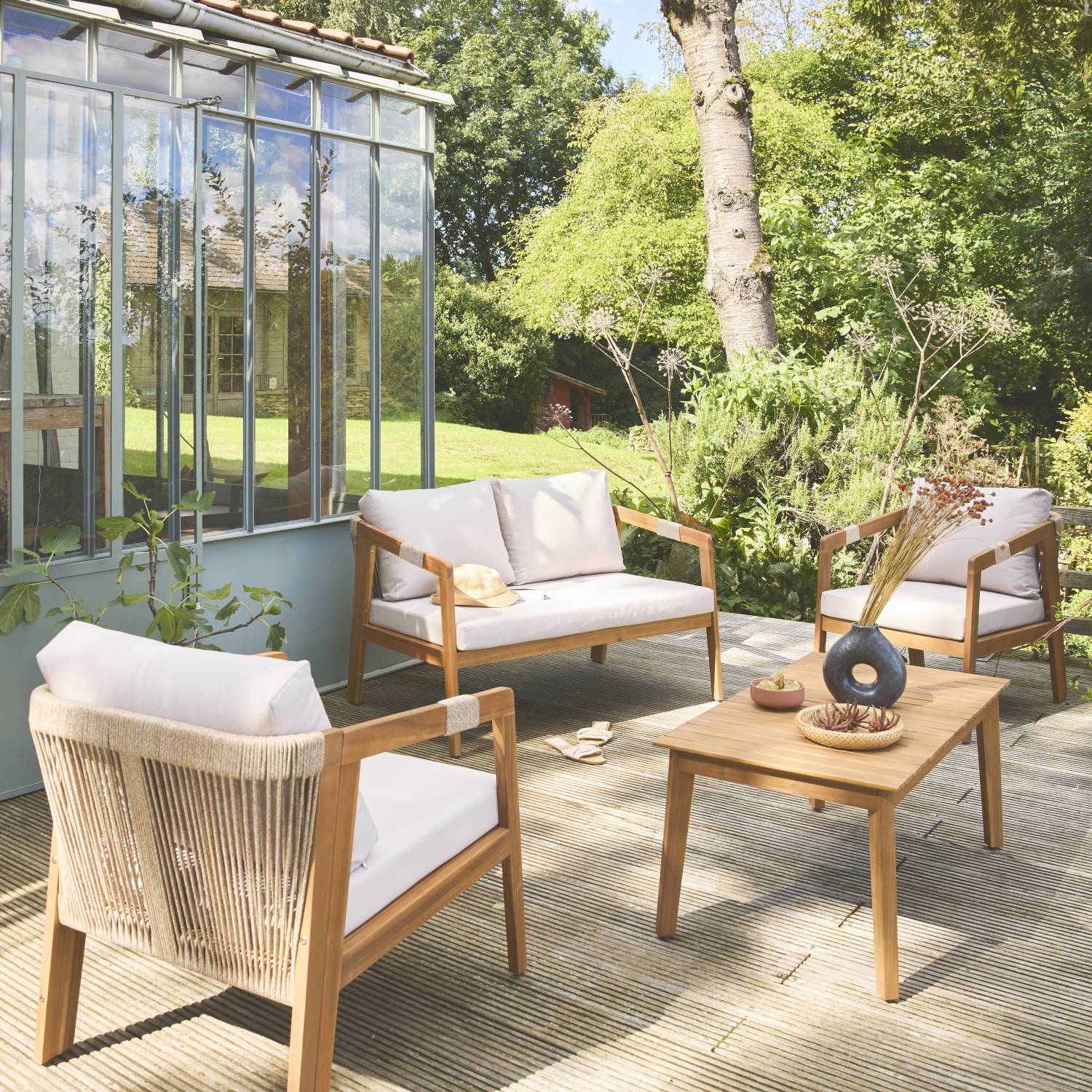 sweeek - Salon de jardin en acacia 4 places beige avec cordes LOBERIA. table rectangulaire | sweeek - Image 1