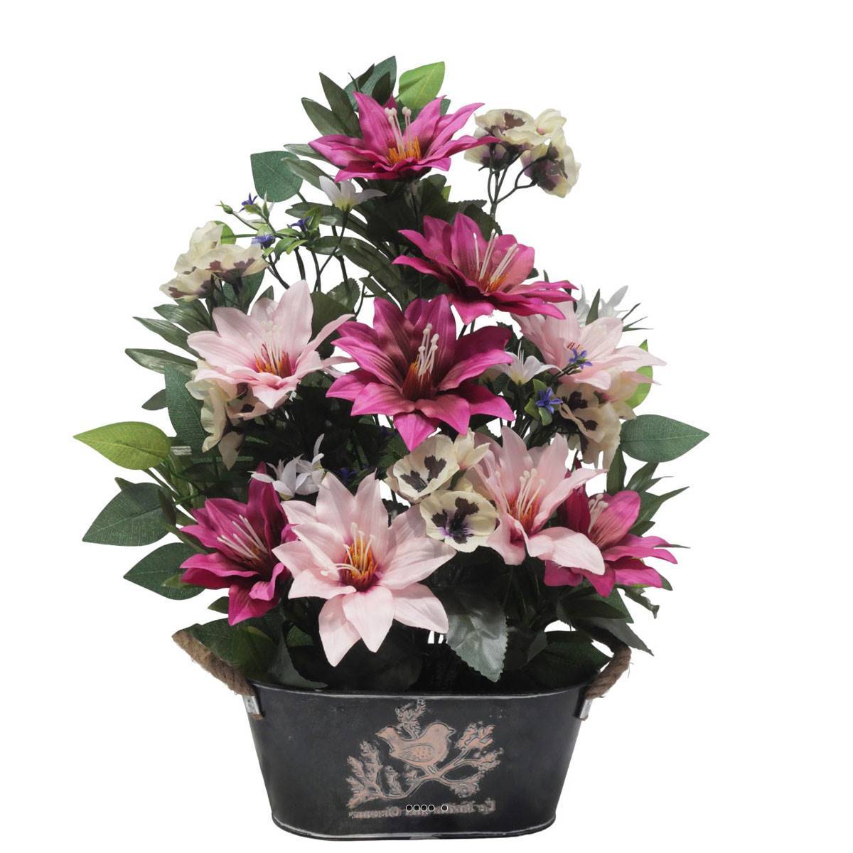 Artificielles - Jardinière Zinc dahlia, Rose, Mini fleurs, Pensée et Ficus Rose fushia artificiels pour la Toussaint - couleur: Rose fushia 730 - Imagen 2