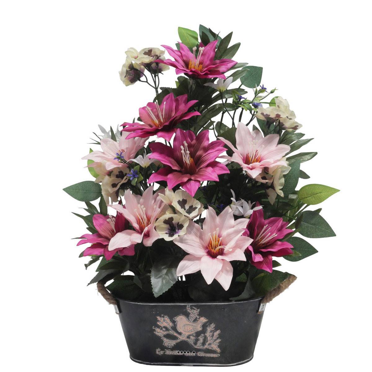 Artificielles - Jardinière Zinc dahlia, Rose, Mini fleurs, Pensée et Ficus Rose fushia artificiels pour la Toussaint - couleur: Rose fushia 730 - Imagen 1