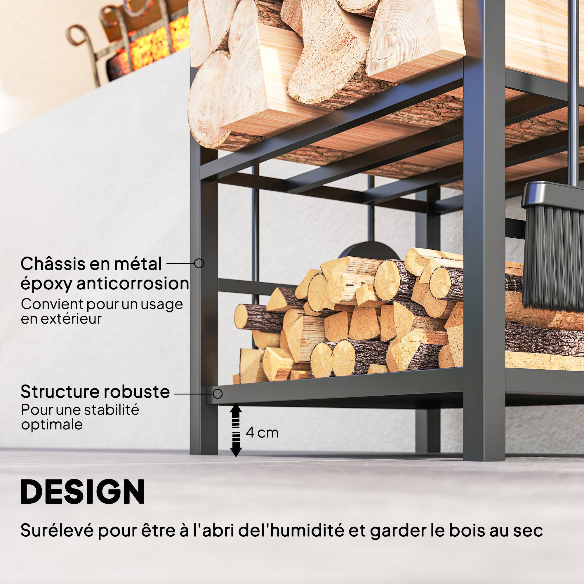 ComfortXL - Serviteur de cheminée range-bûches en métal noir 40 x 30 x 74,5 cm avec 2 étagères et 4 outils pour foyer - Image 6