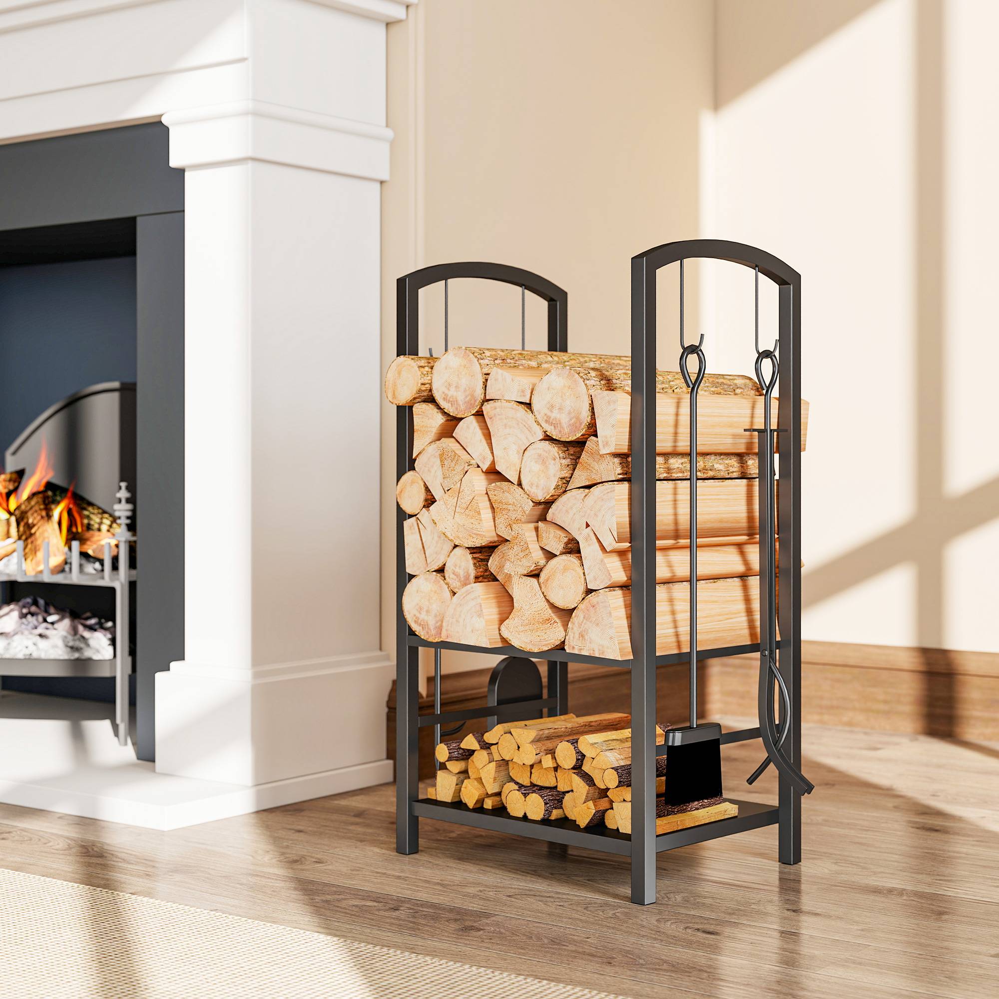 ComfortXL - Serviteur de cheminée range-bûches en métal noir 40 x 30 x 74,5 cm avec 2 étagères et 4 outils pour foyer - Image 9