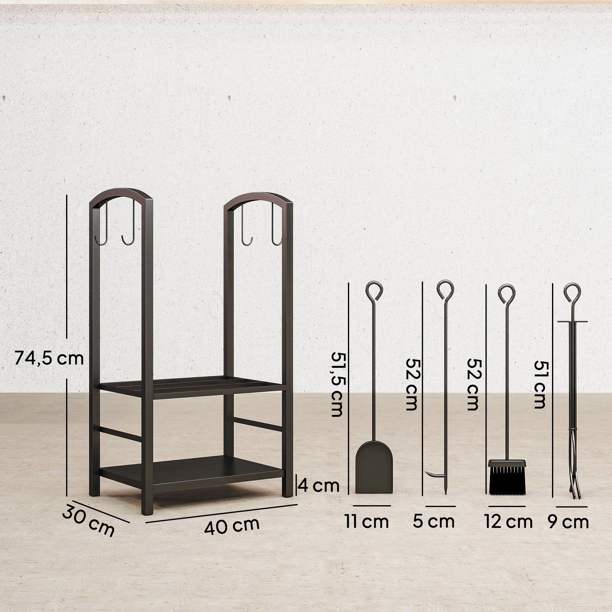 ComfortXL - Serviteur de cheminée range-bûches en métal noir 40 x 30 x 74,5 cm avec 2 étagères et 4 outils pour foyer - Image 3